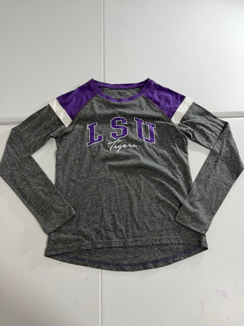 LSU Tigers Long Sleeve Shirt Women’s Small Gray Purple Colorblock Sparkle Tee